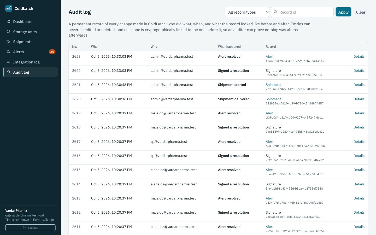 The ColdLatch audit log: a table of entries such as Alert resolved and Shipment started, each with the time, the person and a details link.